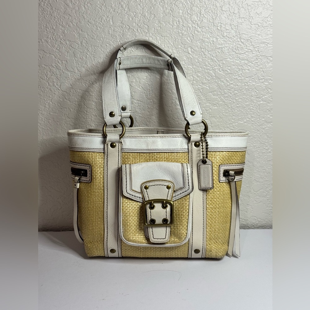 Vintage Y2K COACH White Leather Trim Tote Handbag LEGACY w Natural Straw Purse
